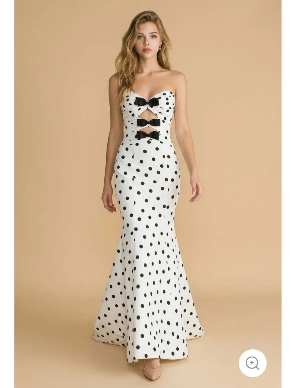 Strapless White Polka Dot Mermaid Gown with Black Bows